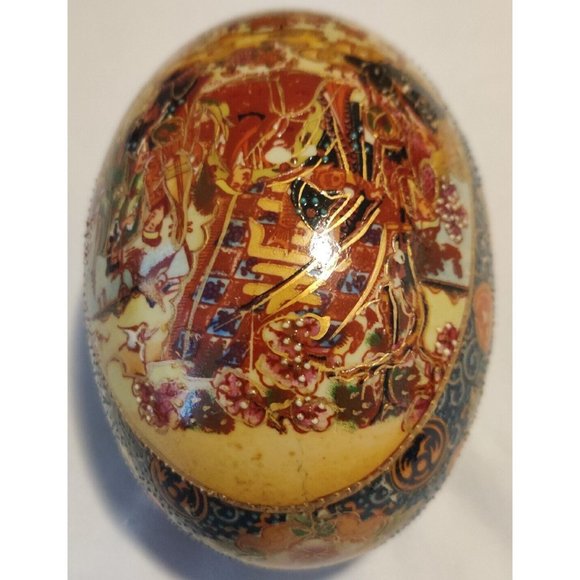 Vintage Chinese Ceramic Eggs Large 5x3" Festive Hand Painted W/ Wooden Pedestal - Picture 14 of 16
